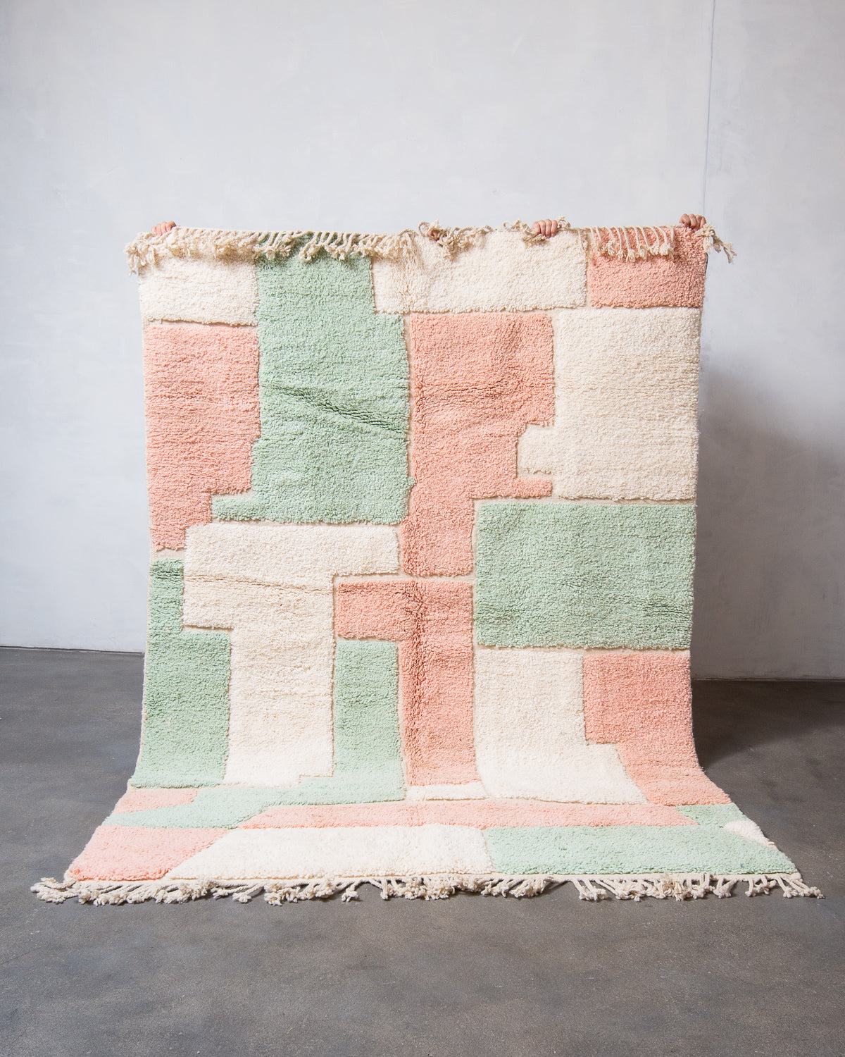 Modern, designer, handcrafted Berber rug from Morocco. Beniourain carpet with beautiful colours and patterns and fluffy wool texture.